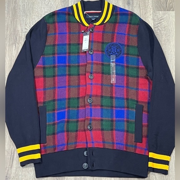 NWT Men’s Small Tommy Hilfiger Tartan Plaid Cotton Logo Red Navy Plaid Cardigan - Picture 1 of 9